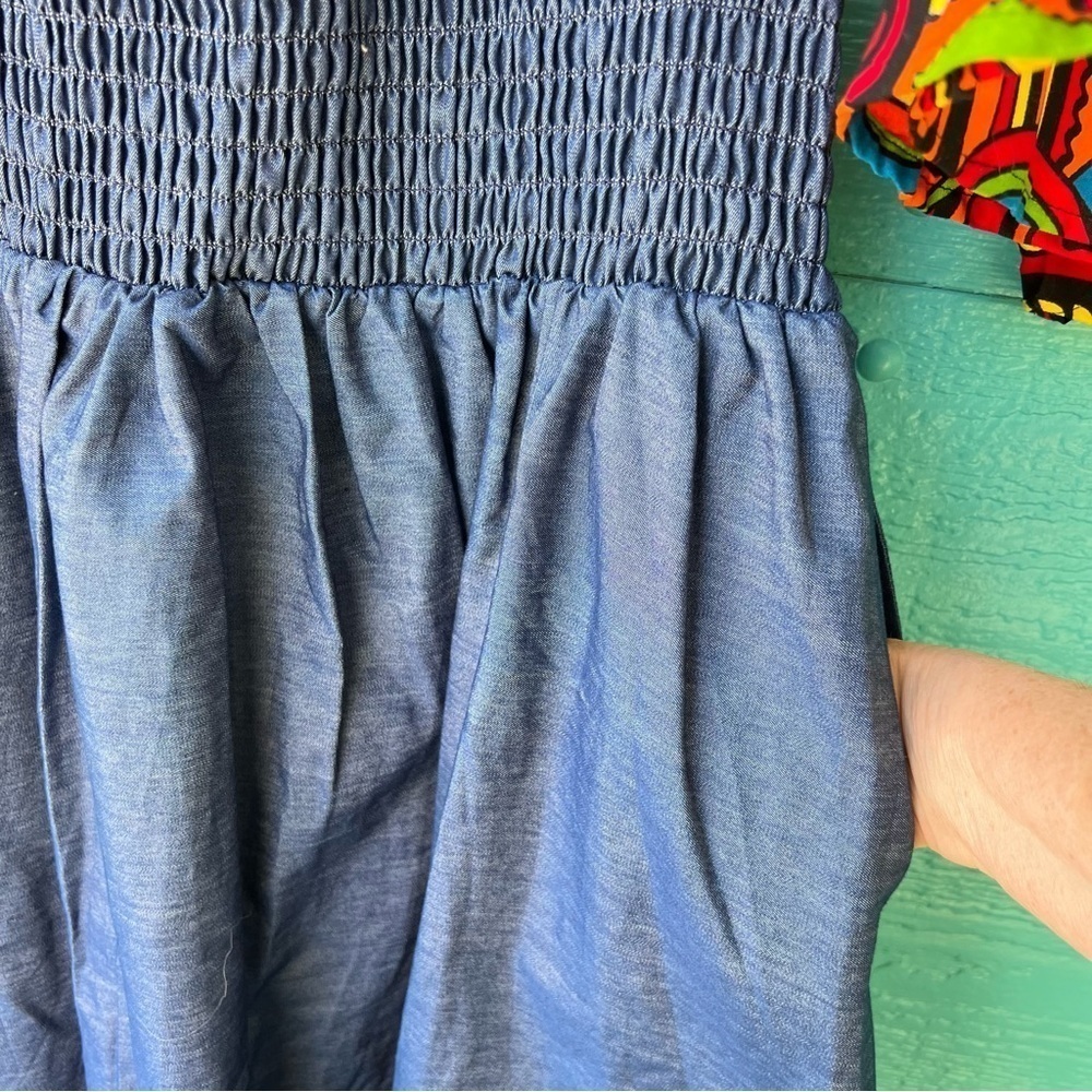 DENIM SMOCKED FIESTA MAXI DRESS SIZE LARGE LIGHTWEIGHT NWT POCKETS - Picture 10 of 12